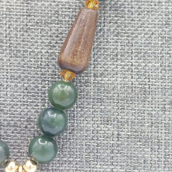 Semi Precious Stone Necklace Green Brown Gold Toned Statement Pendant Natural Ro - Picture 5 of 7